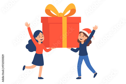 Two happy women holding a big Christmas gift box. Friends celebrating winter holidays together. Concept for giving, surprise, happiness. Flat vector illustration for banner.