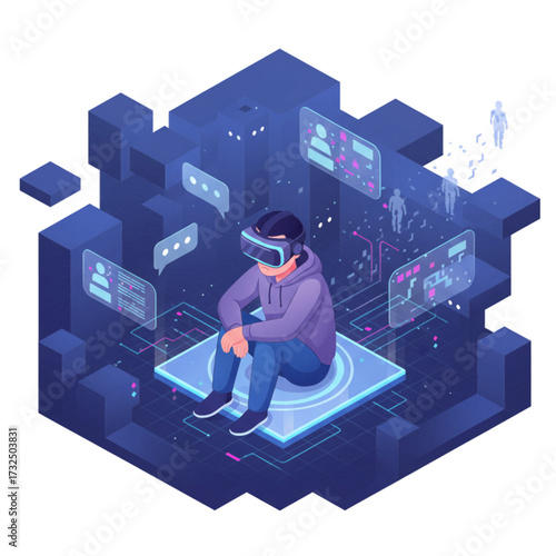 Digital Isolation: Metaverse Loneliness Illustration of a Sad User in Virtual Reality World