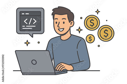 Man programmer coder working on laptop and earning money. Freelance developer, web designer making profit online. Financial success, income from coding vector illustration.
