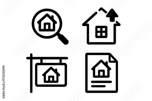 Real estate vector line icon set. Home search, property value growth, house for sale sign and mortgage contract. Simple symbols for business, web and mobile application.