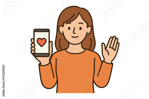 Woman showing smartphone with a heart icon. Vector illustration of a person using a dating app, getting a social media like, sending a love message or making a donation.