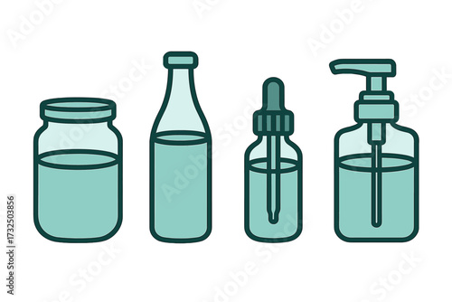 Assortment of various bottles and jars containing teal liquid for beauty, health, and pharmaceutical applications on a white background