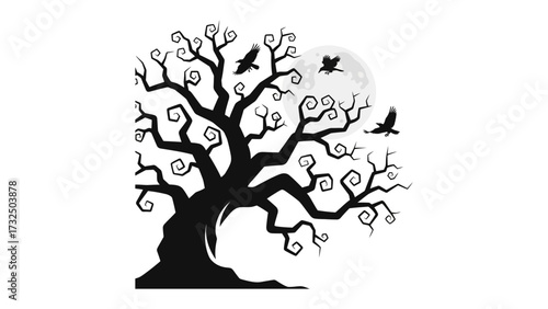 Tree Silhouette with Crows and Moon: A stark tree silhouette against a backdrop of a full moon, complemented by crows in flight, creating an eerie, gothic atmosphere.