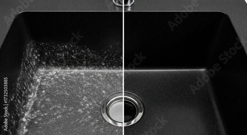 Before and after cleaning a dirty black kitchen sink with lime scale