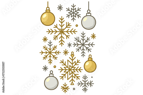 Happy New Year card concept with gold and silver snowflakes, hanging baubles. Vector illustration. Glückliches Neues Jahr greeting. Vertical winter holiday border design element.
