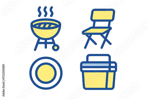 Essential items for outdoor cooking and leisure activities including grill, chair, plate, and cooler