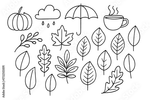 Autumn fall doodle set. Collection of linear vector icons. Hand drawn minimalist elements for design. Leaves, pumpkin, rainy cloud, umbrella, and cozy hot drink isolated.