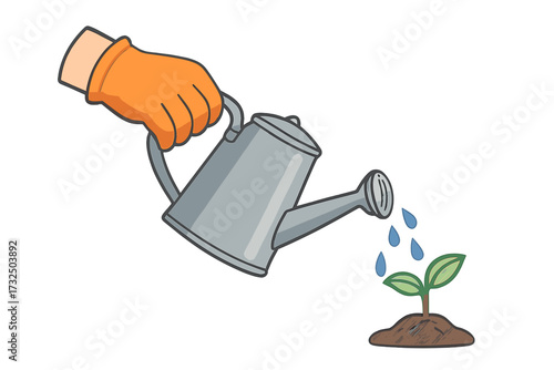 Hand holding watering can and watering a young plant. Growth concept. Nurturing a seedling. Metaphor for new life, gardening, investment, and nature care. Vector illustration.