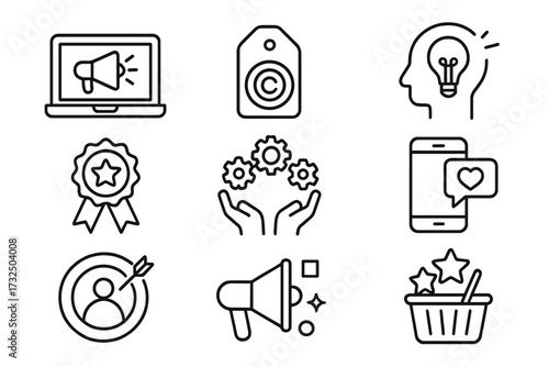Branding web icon set in line style. Digital marketing, brand identity, collaboration, social media, target audience, promotion, quality award, and creative idea concept icons.