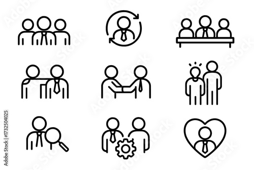 Business people line icon set. Team, human resources, collaboration, research, meeting, partnership icons. Management, teamwork, support, recruitment vector pictogram collection.