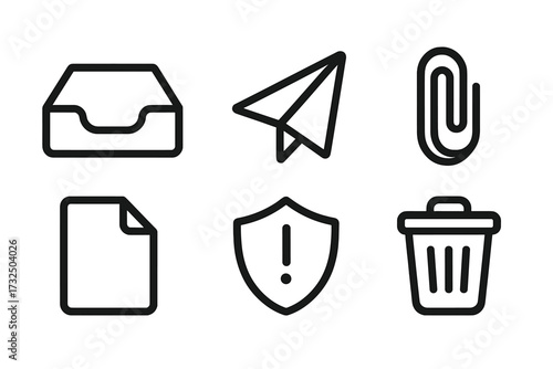 Modern line art symbols for digital communication, file management, data security, and user interface actions