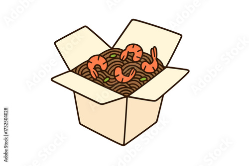 Wok box with shrimp and soba noodles. Asian food concept for takeout and delivery. Chinese Japanese cuisine. Fast food meal in a box. Minimalistic flat hand drawn vector design.
