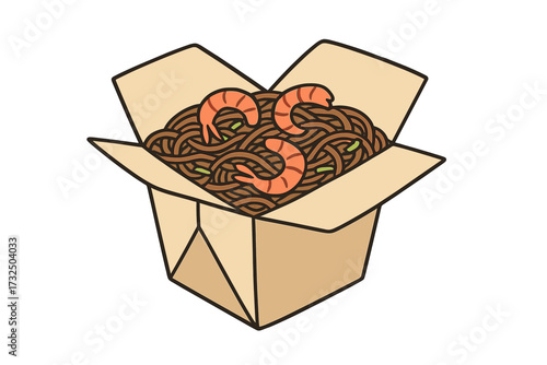 Wok box with shrimp and soba noodles. Traditional Asian food concept. Chinese, Japanese cuisine. Fast food delivery, takeout in a box. Minimalistic flat vector illustration.