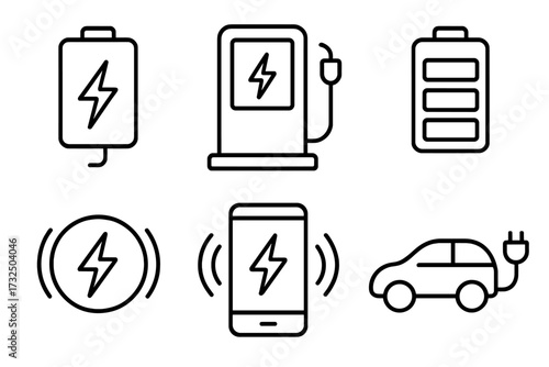 Charging line icon set. Vector symbols for electric car, EV station, wireless phone charger, battery power level, and power bank. Thin outline pictogram collection for web design.