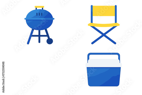 Essential outdoor barbecue grill, portable folding chair, and insulated cooler for summer picnic and camping activities