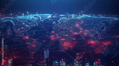 Global network connections with data transfer concept illustration in dark blue