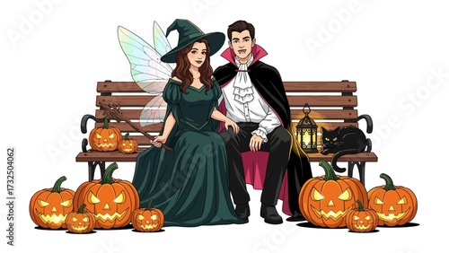 Halloween fantasy scene: A charming scene unfolds as a fairy, a witch, and a vampire converge around a bench, amid a festive array of jack-o'-lanterns and a watchful black cat.