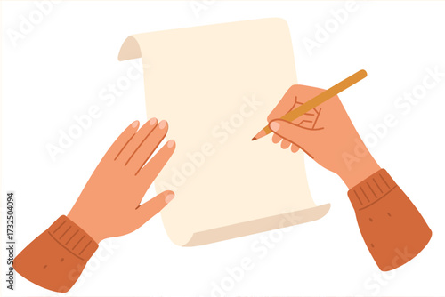 Hands writing a letter to Santa Claus. Christmas wish list concept. Person with pencil writes on paper scroll. New Year goals. Holiday mail. Dear Santa note. Vector illustration.