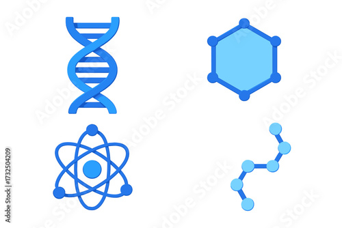 Fundamental scientific symbols: DNA double helix, atomic model, hexagonal molecule, and chemical bond chain