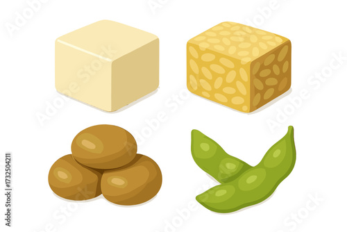 Assortment of plant-based soy products including tofu, tempeh, miso, and edamame pods for healthy eating