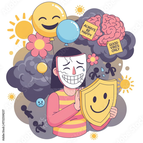 Toxic Positivity Concept Illustration: Hiding Sadness with Fake Happiness and Mental Health Struggles