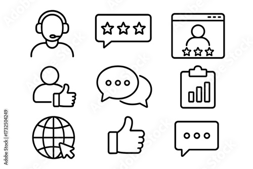 Feedback and testimonial line icon set. Customer review and rating symbols. Client support, call center operator, like, comment, chat bubble, user profile. Data report, analysis.