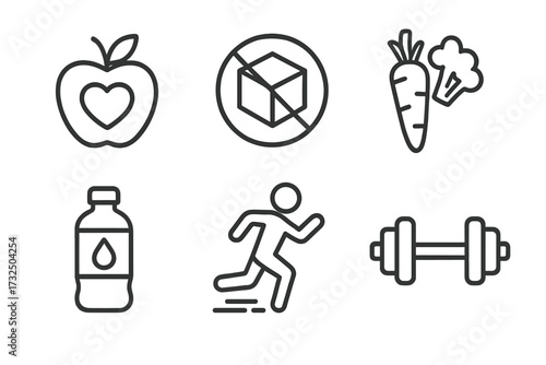Diet and fitness web icons in line style. Healthy lifestyle collection with food, no sugar, vegetables, water, running, and sport concepts. Vector illustration for wellness.