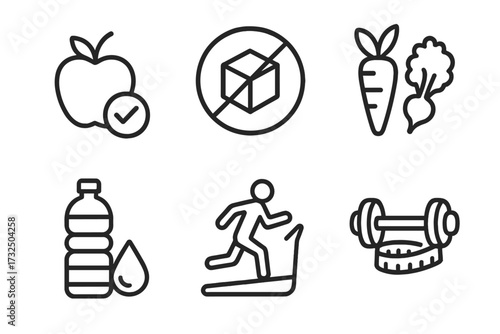 Diet and health line icon collection. Vector symbols for healthy food, zero sugar, vegetables, water, sport, fitness, treadmill, and weight loss with dumbbells and tape measure.