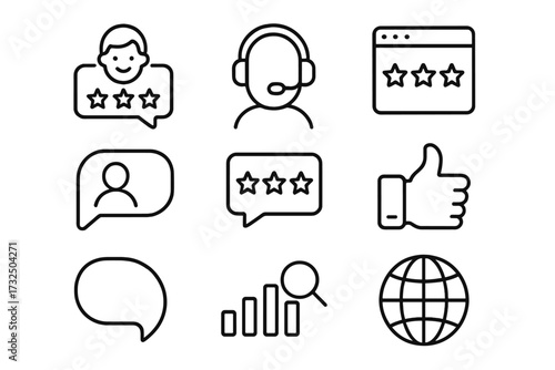 Feedback and testimonial web icon set in line style. Customer support, rating, website review, like, comment, and data analysis vector illustration collection for UX/UI design.