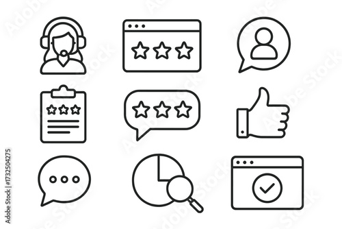Feedback and testimonial web icon set in thin line style. Includes customer support, rating, website review, and user survey. Like, comment, and internet data analysis icons.