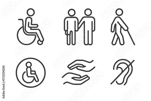Disability and accessibility thin line icon set. Wheelchair user, blind person with cane, deaf symbol, and assistance pictograms. Vector icons for special needs and inclusion.