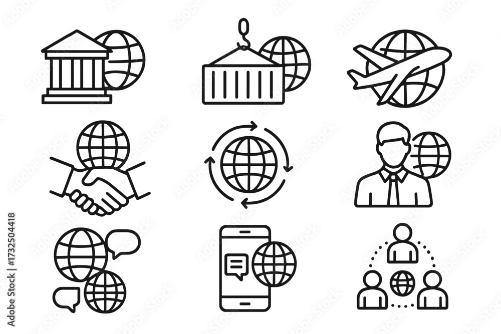 Naklejka premium Global business line icon collection. Vector icons for international trade, logistics, transport, partnership, worldwide communication, shipping, finance, and global networking.
