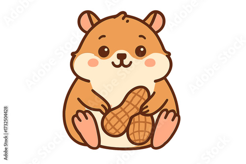 Cute cartoon hamster holding a peanut. Funny animal character mascot. Kawaii rodent pet with nut food. Flat vector illustration isolated on white background for kids design.