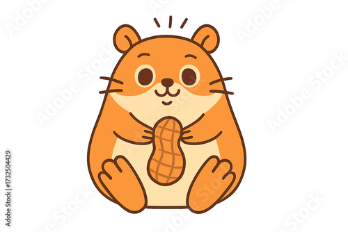 Cute cartoon hamster character holding a peanut. Funny pet rodent mascot with a pun quote. Adorable hungry animal flat vector illustration for kids print or sticker design.
