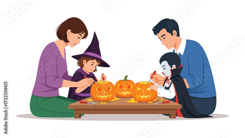 Halloween Family: A close-knit family, adorned in Halloween attire, collaborates on crafting carved pumpkins, infusing an artistic, joyful atmosphere, perfect for the spooktacular holiday spirit.