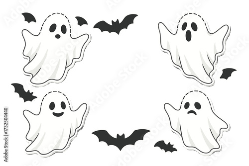 Halloween ghosts and bats sticker pack. Cute spooky characters frame for party invitation. Funny cartoon ghost emotion set. Vector flat illustration banner with copy space.