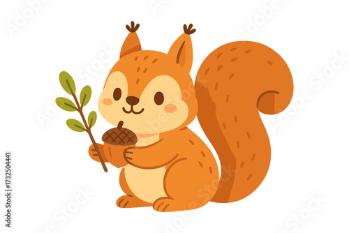 Cute squirrel vector illustration. Funny Valentine's day pun 'I'm nuts about you'. Adorable animal character holding an acorn and a branch. Cartoon design for card.