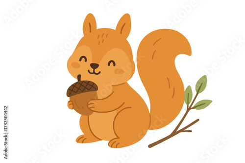 Cute squirrel with acorn for a Valentine's Day card. "I'm Nuts About You" pun. Hand-drawn vector cartoon character illustration in flat style. For kids and animal lovers.