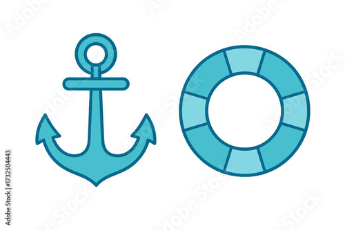 Essential marine safety equipment and nautical symbols featuring a ship anchor and a life preserver ring for ocean travel and water activities