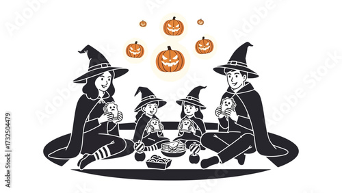 Halloween Family Silhouette: A family dressed in witch costumes gathers together, surrounded by carved pumpkins, creating a spooky yet heartwarming scene.