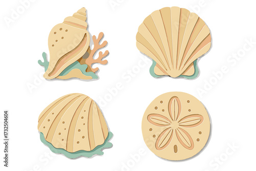 Assortment of marine seashells, sand dollar, and coral reef elements in a layered paper cut style, perfect for summer designs