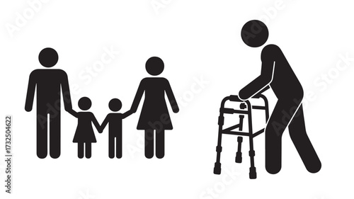 Vector art of family and elderly person with walker icon
