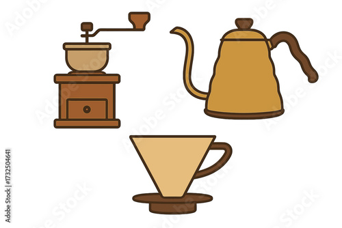Collection of essential coffee brewing equipment featuring a manual grinder, gooseneck kettle, and pour-over dripper