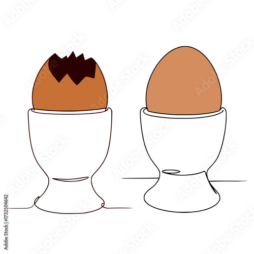 Two eggs in eggcups, one cracked and one intact, minimalist art  vector