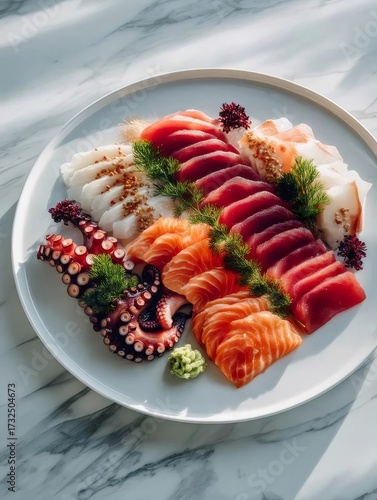 白い皿に盛られた色とりどりの刺身