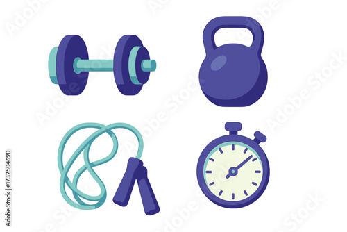 Fitness equipment collection with dumbbell, kettlebell, jump rope, and stopwatch for exercise and training