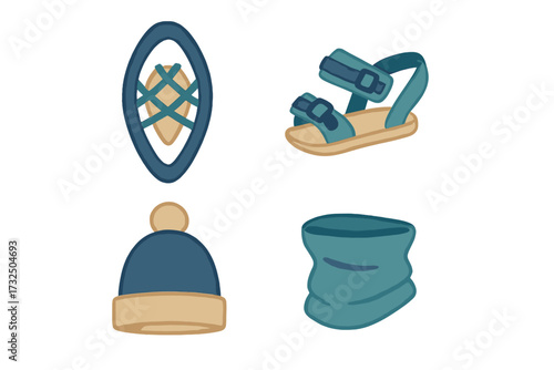 Collection of essential outdoor adventure gear including snowshoe, summer sandal, winter hat, and neck gaiter