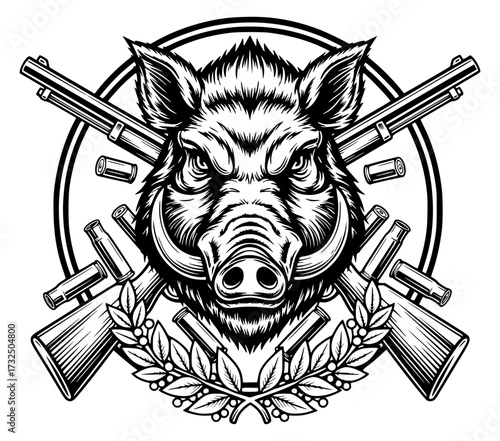 Aggressive Wild Boar Head Hunting Emblem with Crossed Rifles, wild boar, hunting, emblem, aggressive, guns