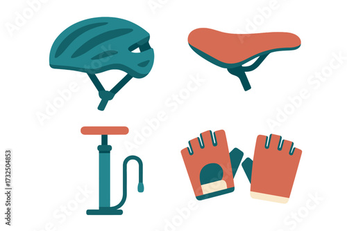 Modern collection of essential cycling gear and bicycle accessories including helmet saddle pump and gloves for active riders
