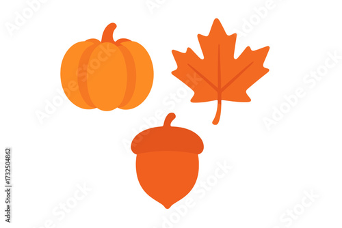 Collection of autumn harvest symbols featuring a pumpkin, maple leaf, and acorn in warm orange tones for seasonal designs